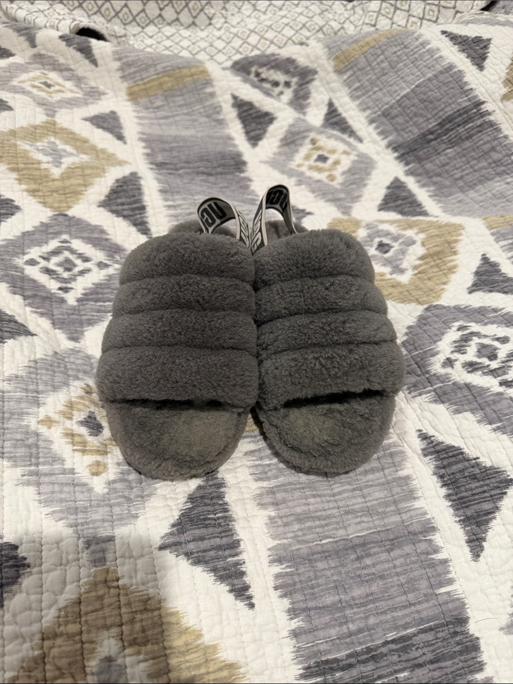 UGG Charcoal Gray Fuzzy Quilted Slide Slippers